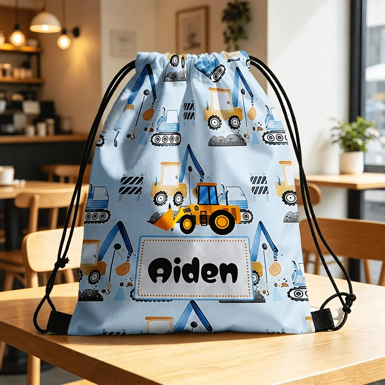 1pc Custom Drawstring Backpack, Fashionable Bag Adorned with Cute Excavator Pattern, Personalized with Name Or Holiday Greeting. Y-Shaped Design for Easy Access, Ideal for Gifts And Candy, Suitable for All Occasions