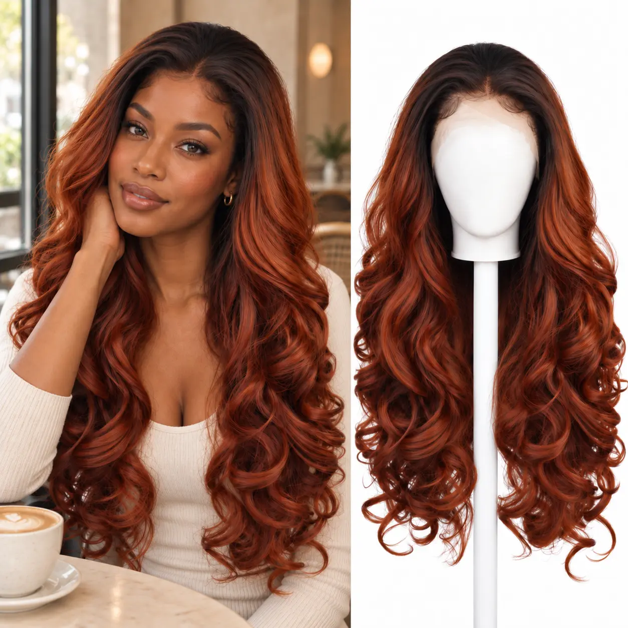 Lumihair 30inch 13x6 lace synthetic wig, reddish-brown copper-colored long bodywave wig (with baby hair), women's wig, Halloween wig.