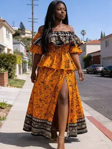 Mustard African Print skirt and top with Ruffle Neckline and Front Slit – Bold Ankara Statement Outfit