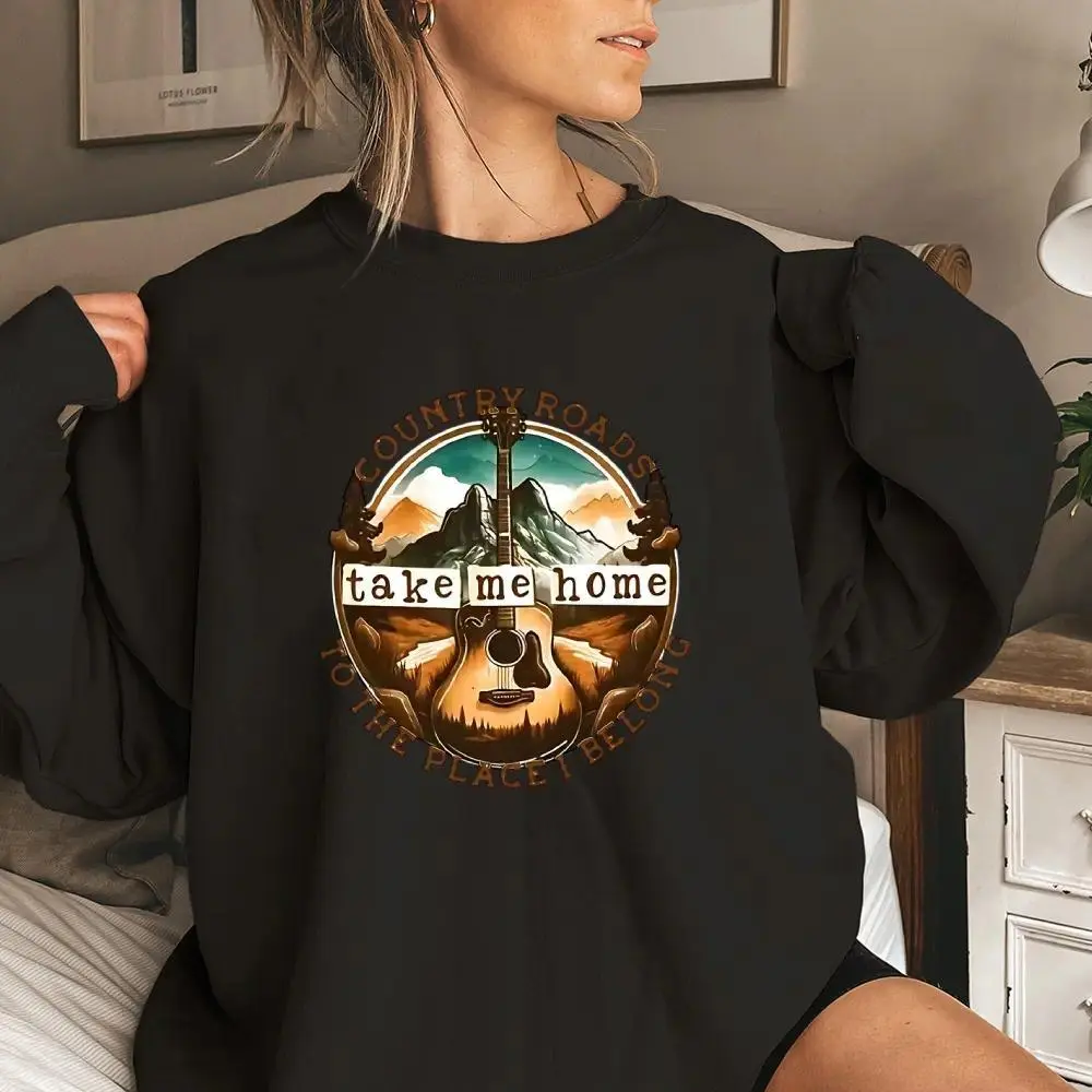 StreetLoom Wear Letter & Guitar Print Crewneck Sweatshirt, Women's Casual Long Sleeve Pullover, Music Festival Street Style Summer Fashion Top