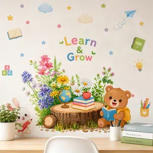 Cute Bear & Rabbit Reading Wall Decal - "Learn & Grow" Educational Nursery Vinyl Sticker, Removable Wall Art, Wall Stickers for Kids Bedroom, Playroom & Classroom