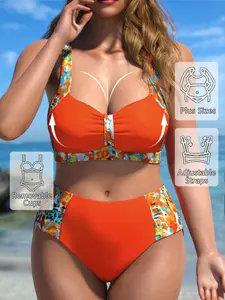Plus Size Bikini Two-Piece Set, V Neck Wide Strap Cross Top, High Waist Butt Lifting Bottoms, Colorblock Print Slimming, Pool Party Style, Bikini Swim Top