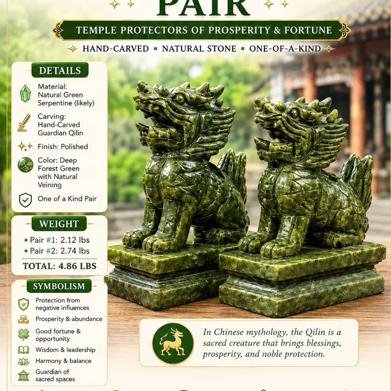 Imperial Green Guardian Qilin Pair Natural Crystal Decoration, Home Decoration, Table Ornament, Desktop Ornament, House for Temple Protection, Prosperity & Fortune gems healing stones energy crystal office