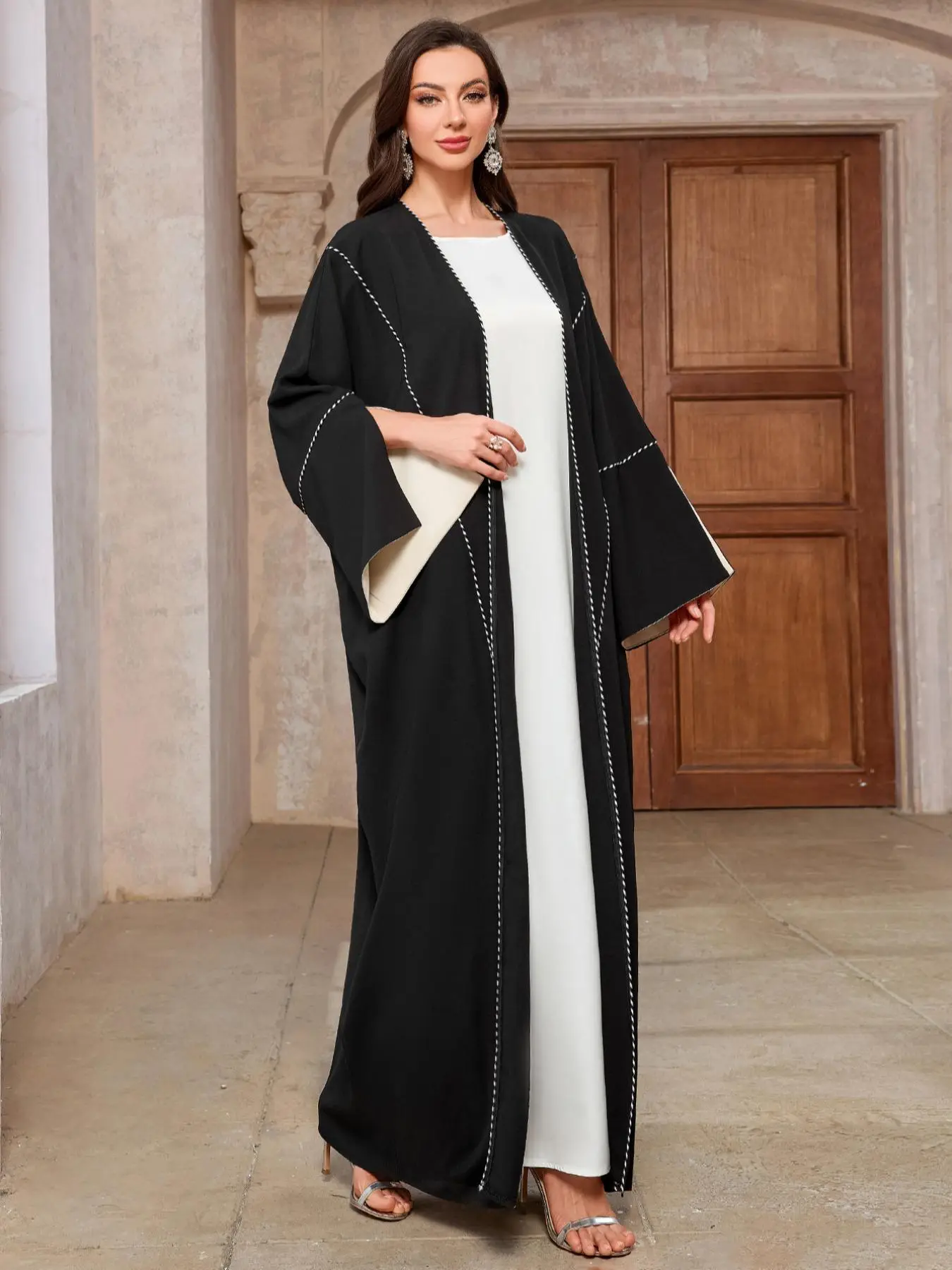 Women's Contrast Binding Split Sleeve Abaya, Modest Long Sleeve Open Front Abaya, Ladies Islamic Clothing for All Seasons