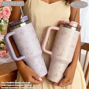 1200ML Bow Floral Car Cup, Stainless Steel Insulated Travel Mug, Vacuum Bottle with Straw, Ideal for Office, Gym, Home, Gifts