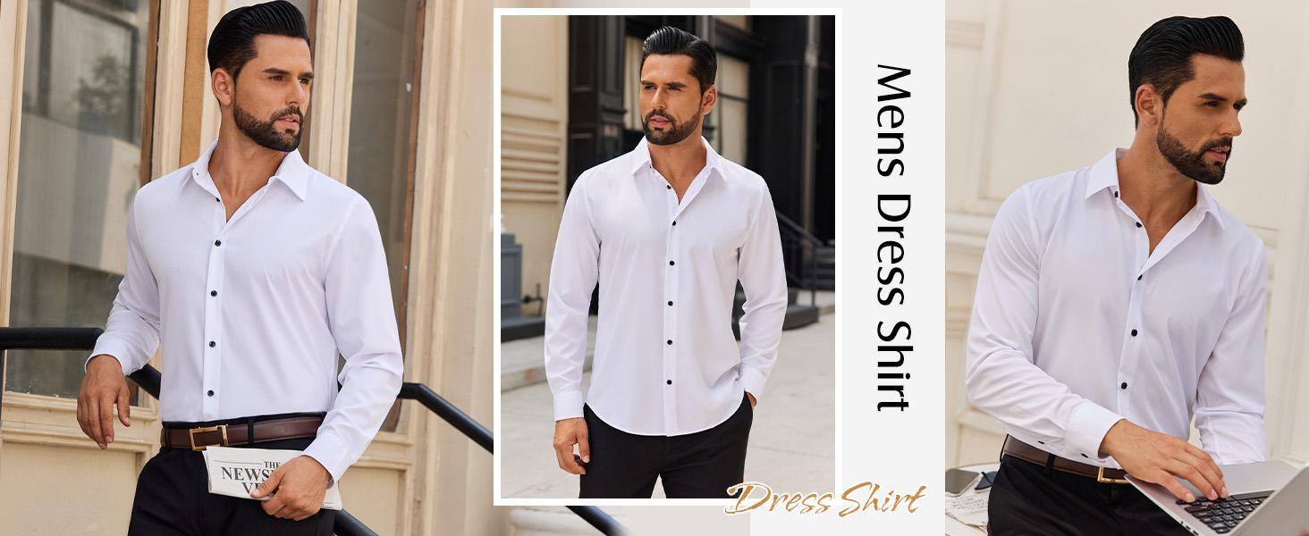 AMZPURE Men's Checkered Inner Collar Business Casual Long Sleeve Shirt, Comfortable Lightweight Material, Multiple Classic Colors for Daily Office Wear tiktokshopspringglowup Summervibes