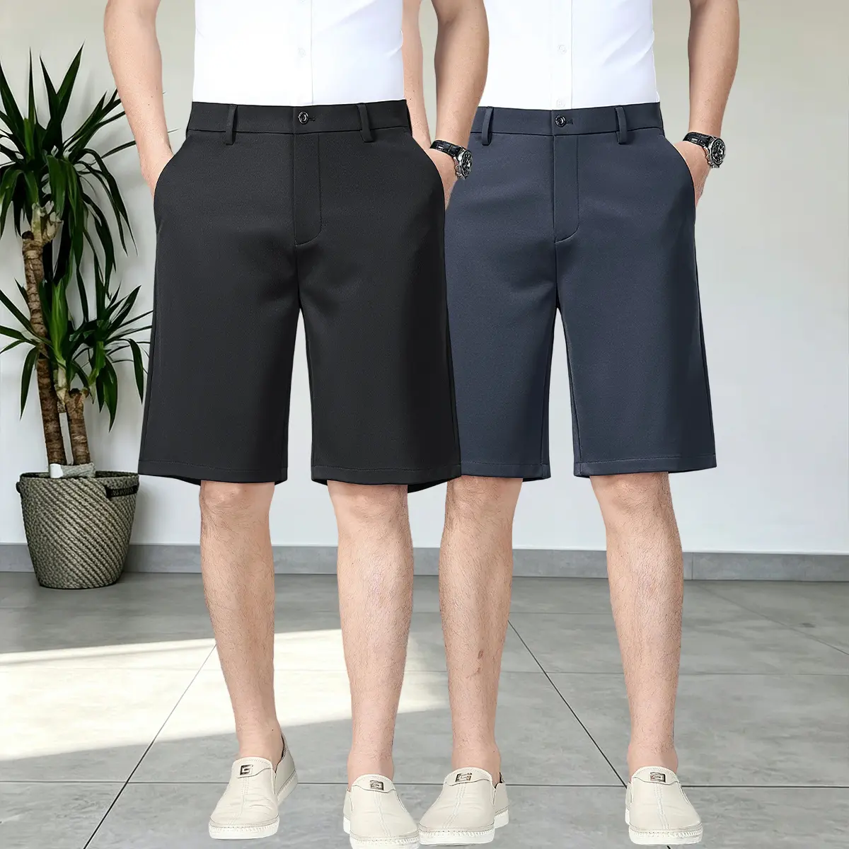 2pcs Set - Men'S Summer Golf Shorts, Lightweight Quick-Dry Cool Bermuda Shorts, Business Casual Dress Shorts, Smooth Texture Fabric, 4 Pockets, 4 Colors Available (Black/Dark Gray/Dark Blue/Khaki) with Stretch Fabric, Comfortable And Breathable for Summer
