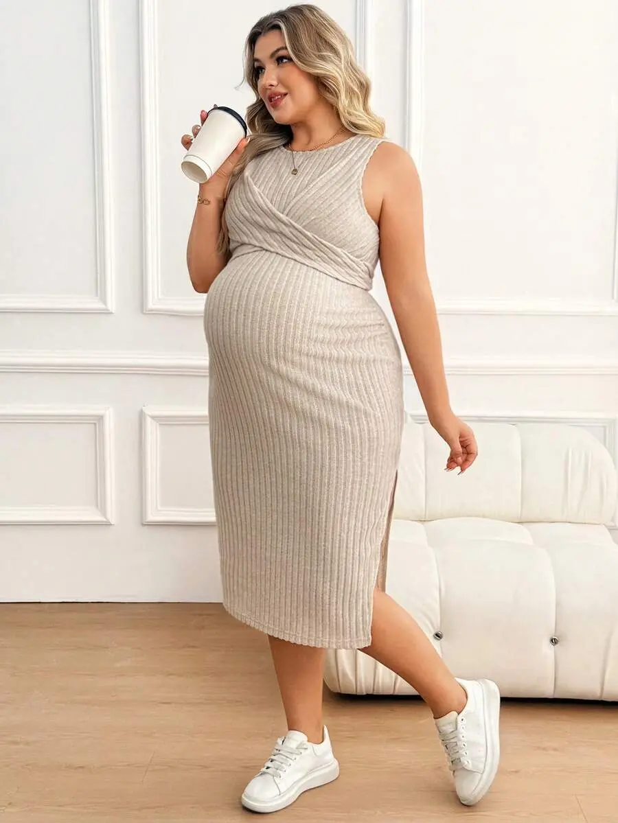 Plus Size Maternity Casual Ribbed Knit Dress With Tie Back,Sleeveless Side Slit Pregnancy Dress For Photoshoot,Tie Dye Autumn Casual Everyday Outfits