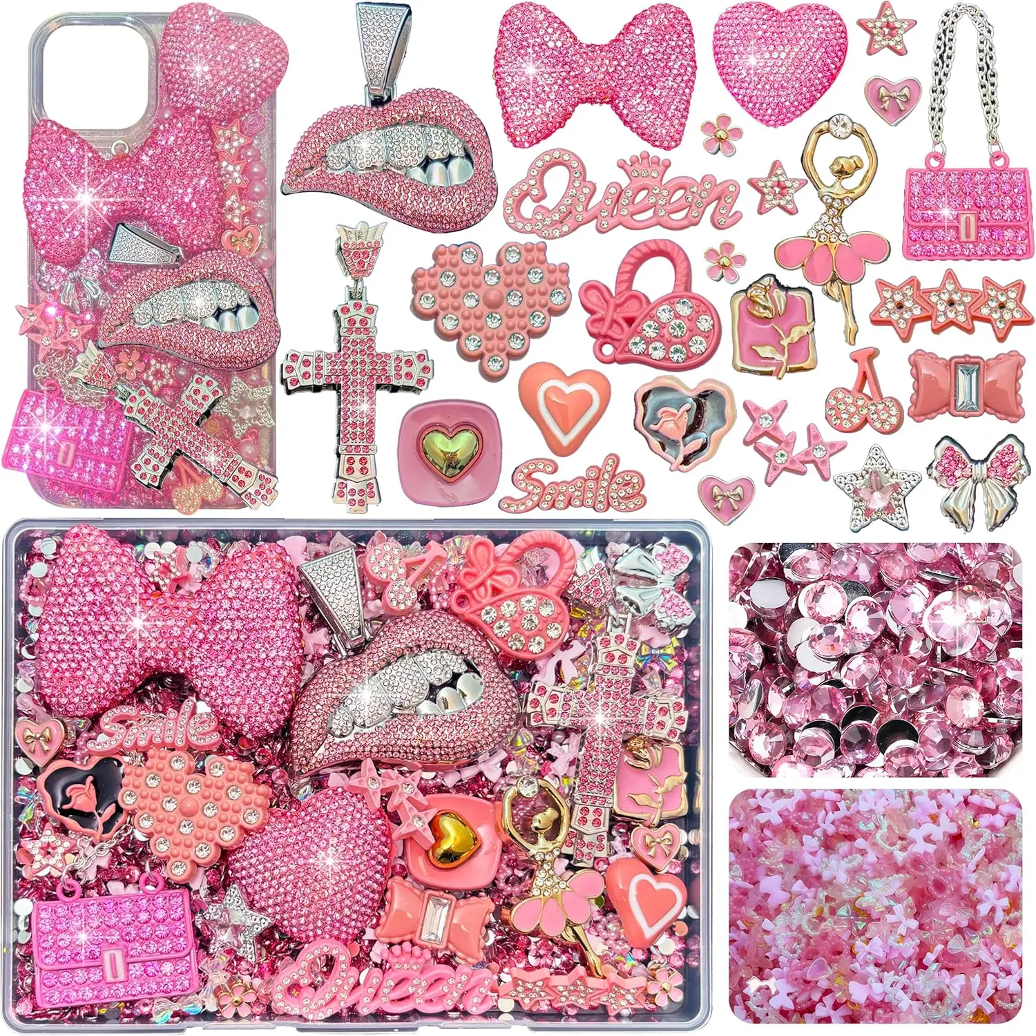 Junk Case Charms Kit, Pink Junks Phones Cases 3D Rhinestone Cool teeth and lips And Bows Chain Bags Hearts And Cross Flowers And Other Bedazzling Kits Can Be Used In DIY Phone Case Designs