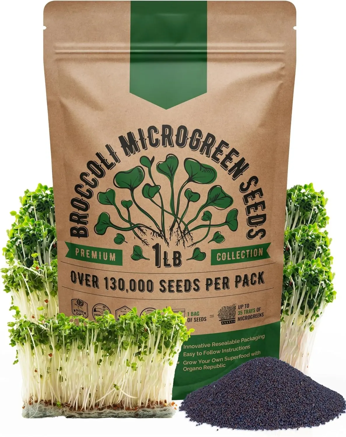 Broccoli Sprouting & Microgreens Seeds - Non-GMO, Heirloom Sprout Seeds Kit, 1lb Resealable Bag for & Growing Microgreens in Soil, Coconut Coir, Aerogarden & Hydroponic
