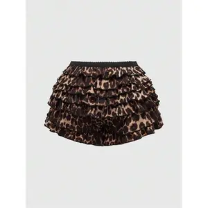 Women's Grunge Punk Leopard Print High Low Layered Ruffle Hem Low Rise Mini Shorts Casual School Daily Wear Trendy Stylish Comfortable Ladies Fashion Fitted long flowy skirt bottom leg denim club Stretch Wide Jeans style outfit pocket straight leg jean