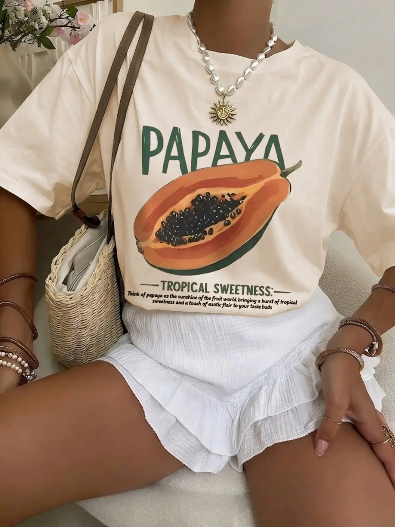 Women's Fruit Papaya Tropical Pattern Graphic T-Shirt, Everyday Casual Round Neck Short Sleeve Top, Summer Vacation Beach Wear, Y2K Style, Fashionable & Trendy