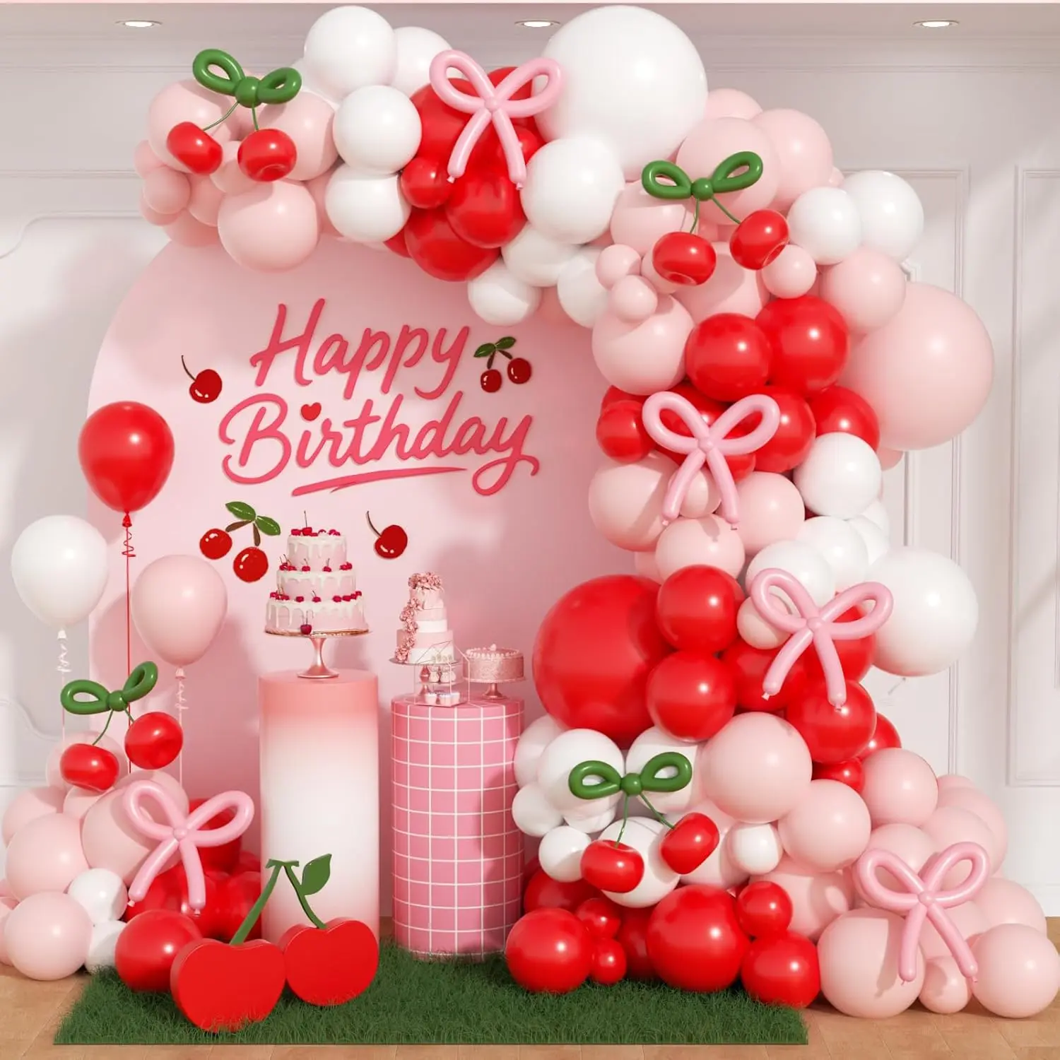 138PCS Cherry Balloon Arch Kit Red, White, Pink, Green for Baby Shower & Birthday Party Decor