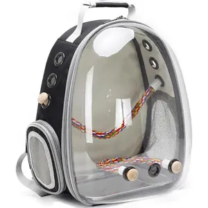 Bird Traval Carrier Cage, Clear Space Capsule Astronaut Backpack to Carry Parakeet Cockatiel Parrot with Metal Tray Wood Perch, Vet Transport School Bag