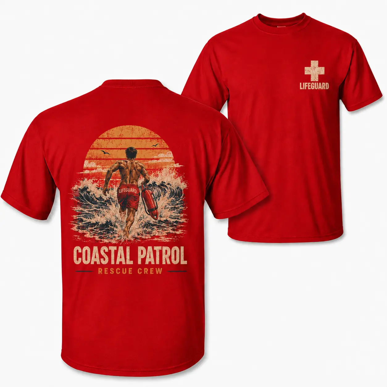 [MADE IN US] Coastal Patrol Rescue Crew T Shirt, Distressed Vintage Lifeguard And Ocean Wave Design, Gift For Lifeguards Surfers And Beach Safety Teams Casual Basic
