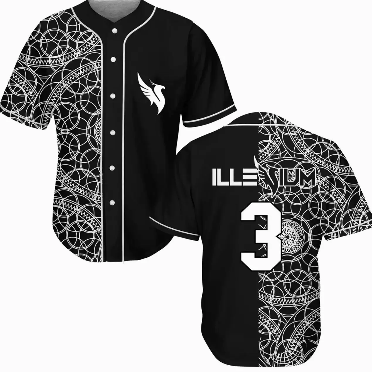 Black Illenium Geometric Split Baseball Jersey, EDM Festival Jersey Shirt, Rave Fan Apparel
