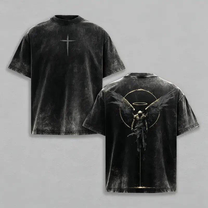 ARCHANGEL OF REPENTANCE T-Shirt Acid Wash Pump Cover Fallen Angel Double Printed Heavy Cotton Unisex Crusader Armor Graphic Tee, Vintage Cross Shirt, Medieval Warrior Streetwear, Gothic Faith Oversized Tee，funny graphic tee, men’s trendy t-shirts