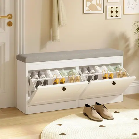 VOWNER White Freestanding Foldable Wood Frame Shoe Rack Organizer - 2 Quick Flip Drawers with Flip-Open Access, Multilayer Adjustable Shelf, Assembly Required Kit, 41.7"w x 12.4"d x 20.5"h Footwear Organization Organized Storage Hallway Furniture