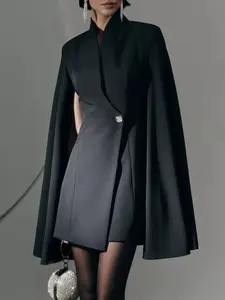 Women's 1-Button Basic Fitted Mini Blazer Dress, Polyester-Spandex Fabric, Cape Sleeves, Elegant Casual Womenswear