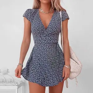 Floral print contrasting color binding tight corset dress, daily vacation outdoor deep V-neck low cut floral dress, slim waist, slim short sleeved dress, casual women's wear