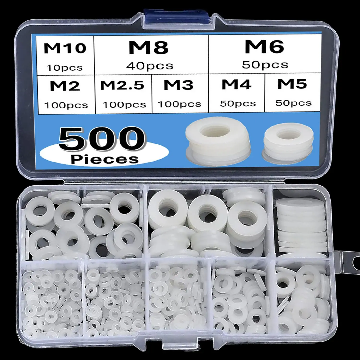500pcs PVC Flat Gasket Sealing Rings Suitable for Electrical Connections & Marine Use - High-Temperature Resistant, M2–M10 Sizes with Plastic Coating, Sealer Rings for DIY, Automotive, Boiler Applications (with Storage Box)