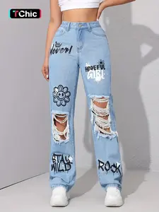 Women's Cartoon Print Ripped Denim Jeans, Fashion Casual Button Fly Jeans for Daily Wear, Ladies Bottoms for All Seasons