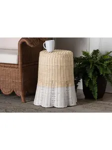 Bali & Pari 193271489688 Sarna Rattan End Table - Handwoven Wicker Accent Table with Scalloped Base & Two-Tone Finish, Boho Coastal Style Side Table, Natural