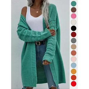 Plus Size Solid Drop Shoulder Long Sleeve Cardigan, Casual Knitted Open-Front Knitwear for Autumn and Winter, Women’s Everyday Wear