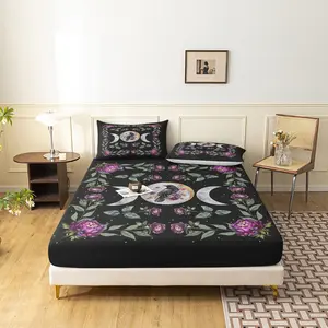 3pcs Triple Moon Peony Crow Printing Fitted Sheet Set,Celestial Floral  Bedding Bedroom Decor,Four-season Luxury Bedding Home or Dorm(1 Duvet Cover+2 Pillowcases,No Pillow)