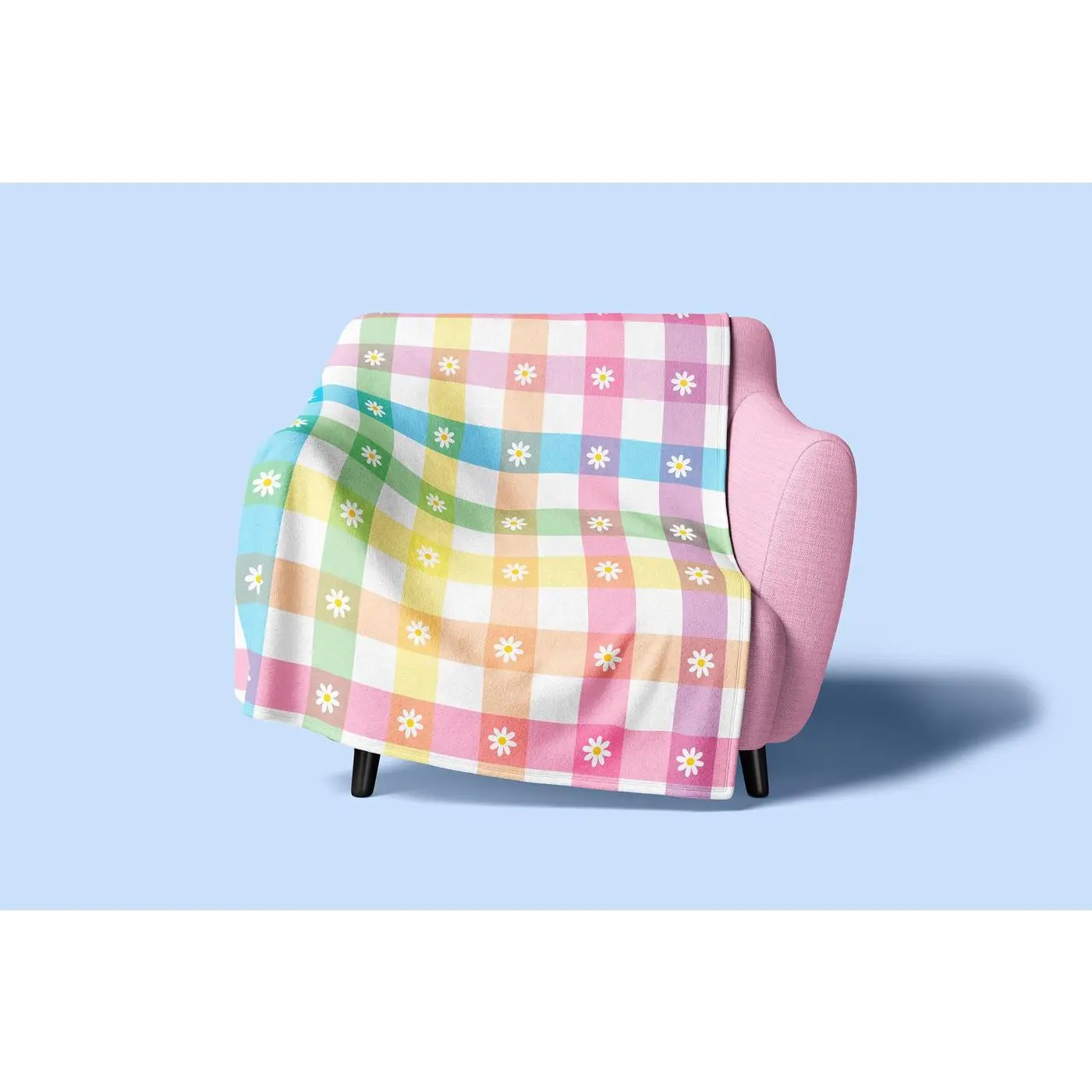 Oversized Rainbow Gingham Daisy Fleece Blanket - Y2K Dopamine Decor Pride Throw