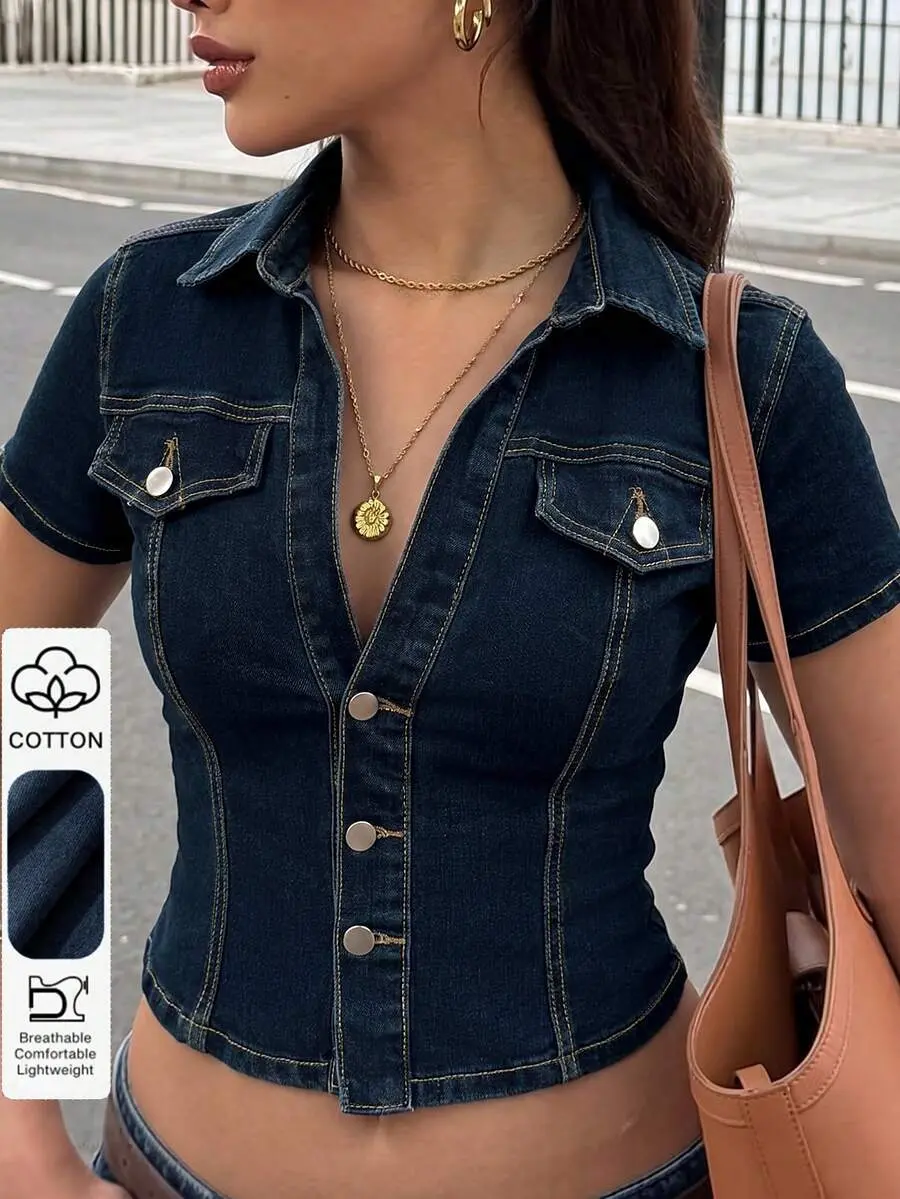 JEANDY Short Denim Shirt, Slim Fit, Medium Stretch, Cinched Waist, Short Sleeve, Metal Button, Vintage Style Casual Top Summer