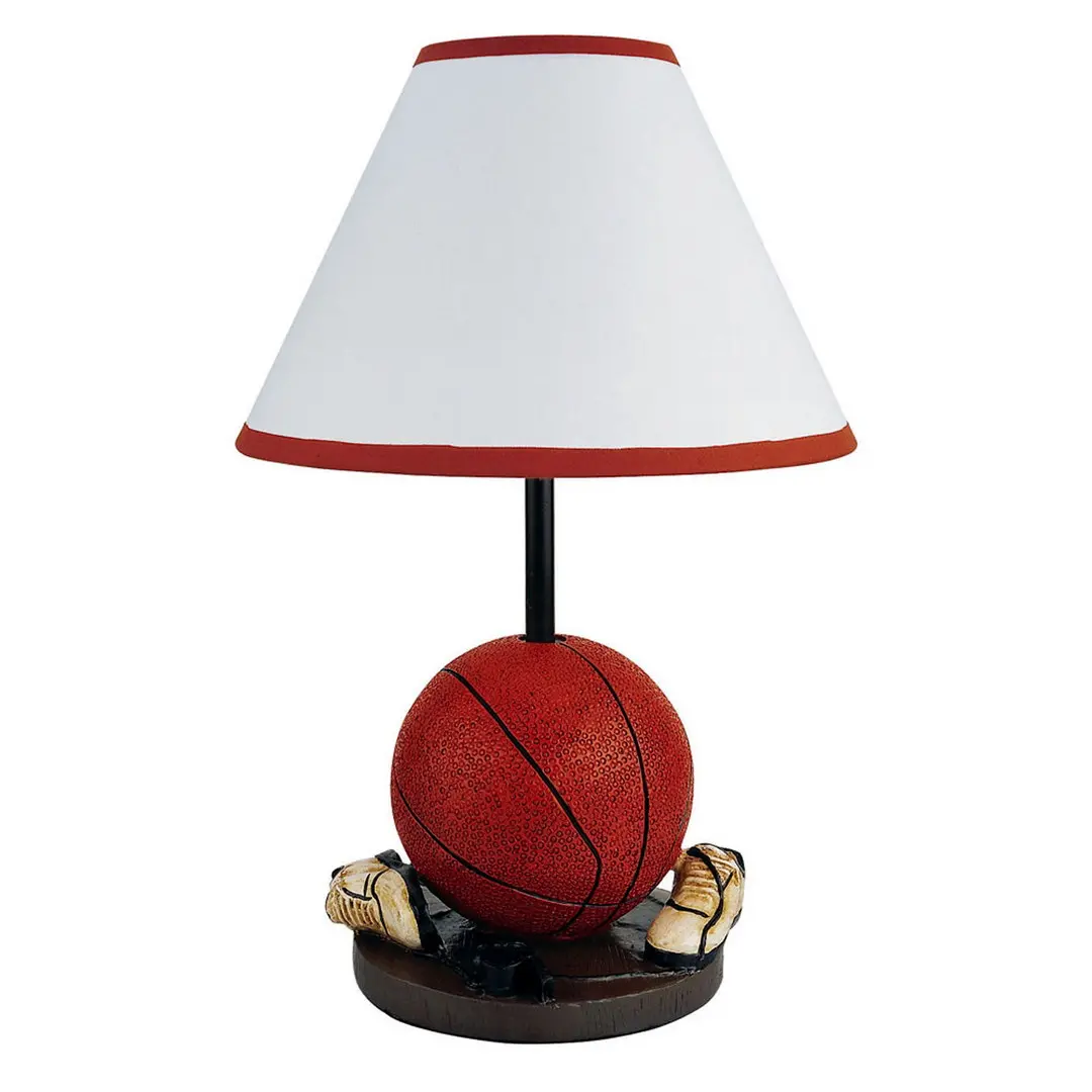 Sports-Themed Kids' Basketball-Shaped Polyresin Tabletop Accent Lamp with Base, 15" Tall Conical Linen Shade, 40W CFL Bulb-Compatible Indoor Bedroom Lighting Fixture (Bulb Not Included)