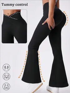Women's High Waist Flare, Ribbed Butt Lifting Tight Fit Workout Breathable Fitness Leggings, Fall Winter Fashion Clothing