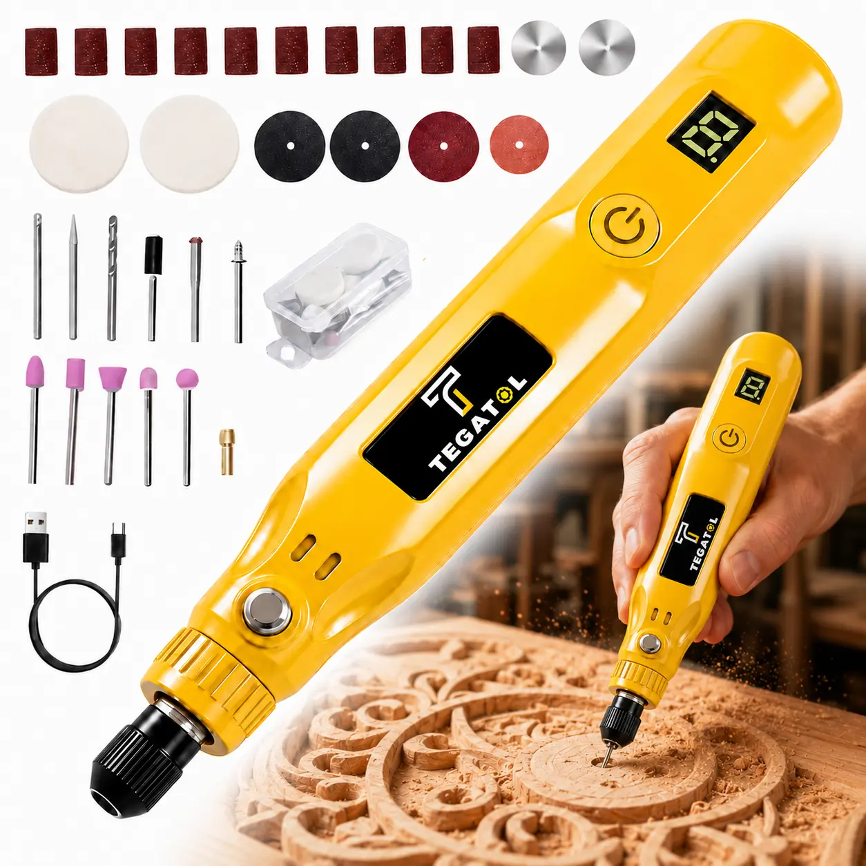 Cordless Rotary Tool Kit, 5-Speed Mini Electric Grinder with Digital Display, USB Rechargeable Multi-Tool for Sanding, Engraving, Polishing, Grinding, Wood, Metal, Crafts and DIY Projects