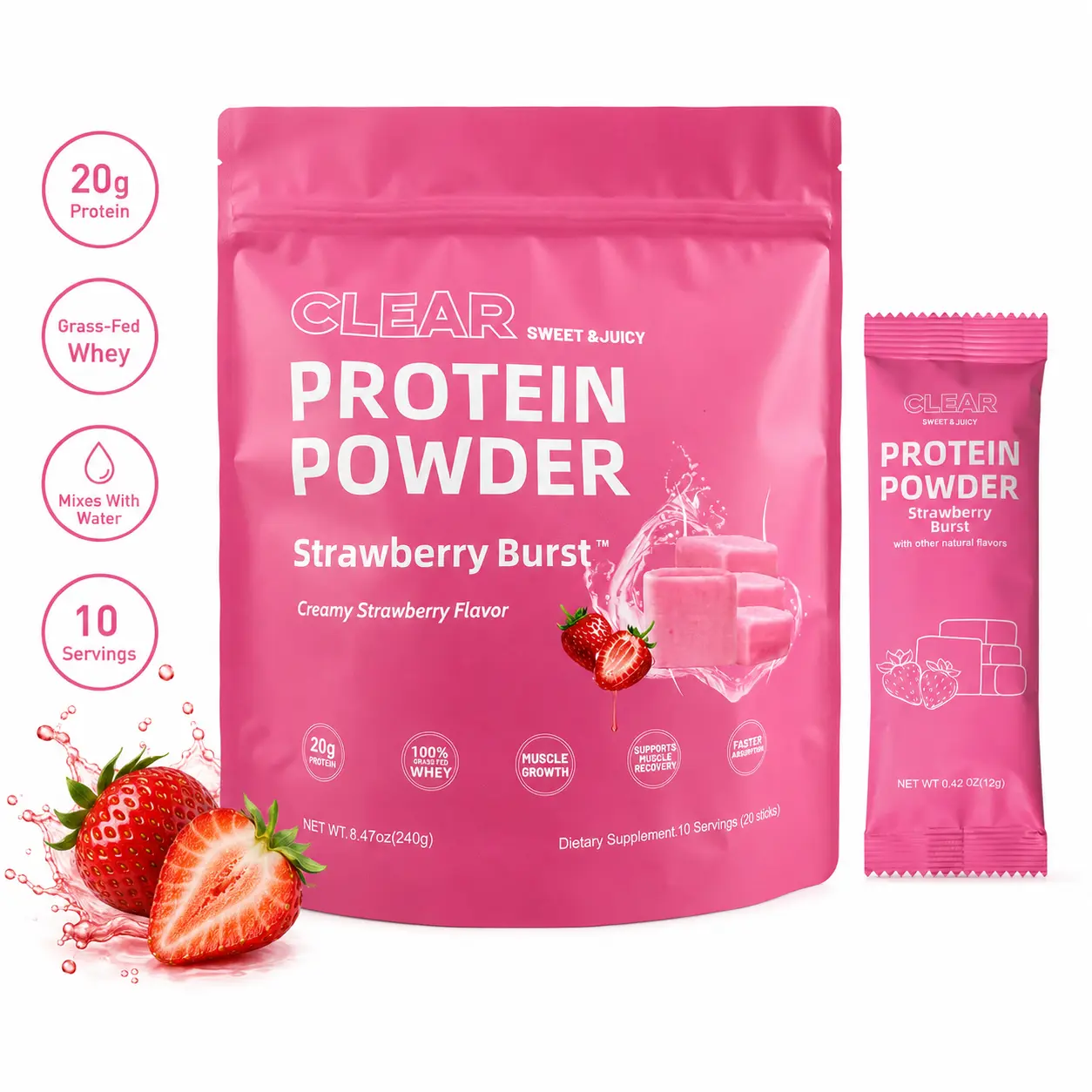 Clear Protein Powder: Strawberry Burst, Creamy Strawberry Flavor, 20g Protein Per Serving (2 Packets), Fast-Absorbing Grass-Fed Whey, Muscle Recovery, 10 Servings