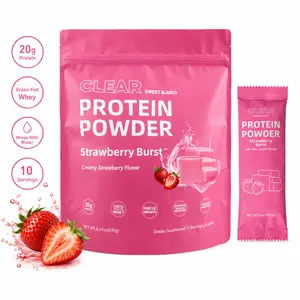 Clear Protein Powder: Strawberry Burst 10g Ultra Filtered Natural Flavor Grass Fed Whey Isolate Fast Absorbing Muscle Growth Recovery 20 Packets