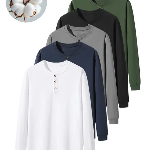 Men's  long-sleeve T-shirt with a multi-button front placket and ribbed cuffs at the sleeves, casual layering top
