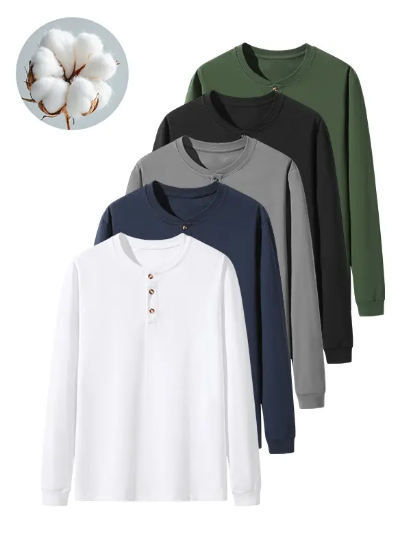 Men's  long-sleeve T-shirt with a multi-button front placket and ribbed cuffs at the sleeves, casual layering top