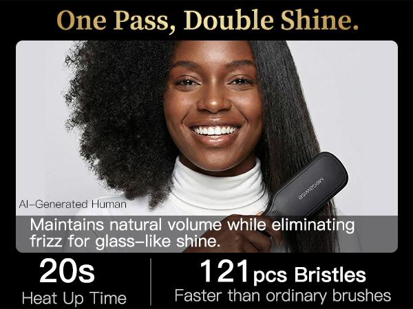 MEGAWISE Pro Ceramic Ionic Hair Straightener Brush - 20s Fast Heating, Frizz Control, Auto-Off, Dual Voltage, Plug Powered Home Salon Tool for Women with Thick Hair, Black