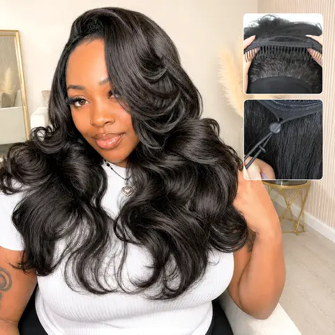 3 in 1 Body Wave Half Wig Glueless Synthetic wig Wear and Go No Lace Wig 20 inch Fully Breathable Mesh drawstring cap design For Women