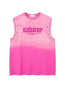Men Women Summer Fashion Casual Sleeveless Top, Vintage Washed Tie-Dye Gradient Color Graphic Letter Embroidery Star Metal Buckle Design