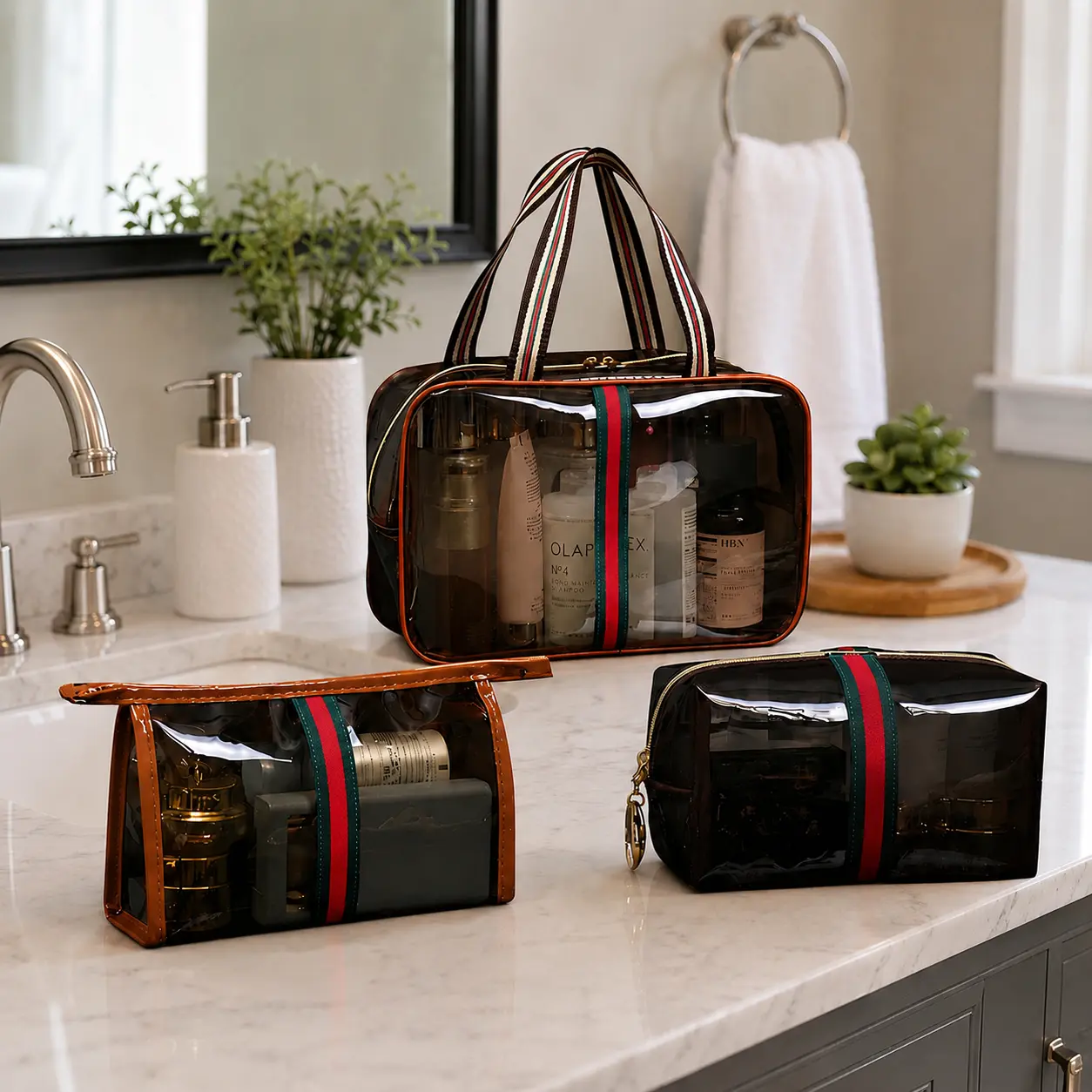3PCS Vintage Makeup Bag Set, Large Capacity Transparent Cosmetic Organizer for Women, Retro Toiletry Bags for Travel, Skincare & Beauty Essentials, Portable Vanity Storage Case, Back to School Essentials