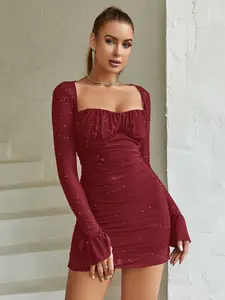 Parthea Square Neck Backless Back Tie Trumpet Sleeve Sequin Mesh Ruched Bodycon Dress,Fashionable Outfits Hip Dress