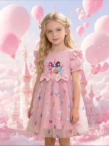 K-Pop Girl Butterfly Princess Dress, Flutter Sleeve Bow Net Dress, Cute Floral Slim-Fitting Clothing, Trendy Kids Fashion