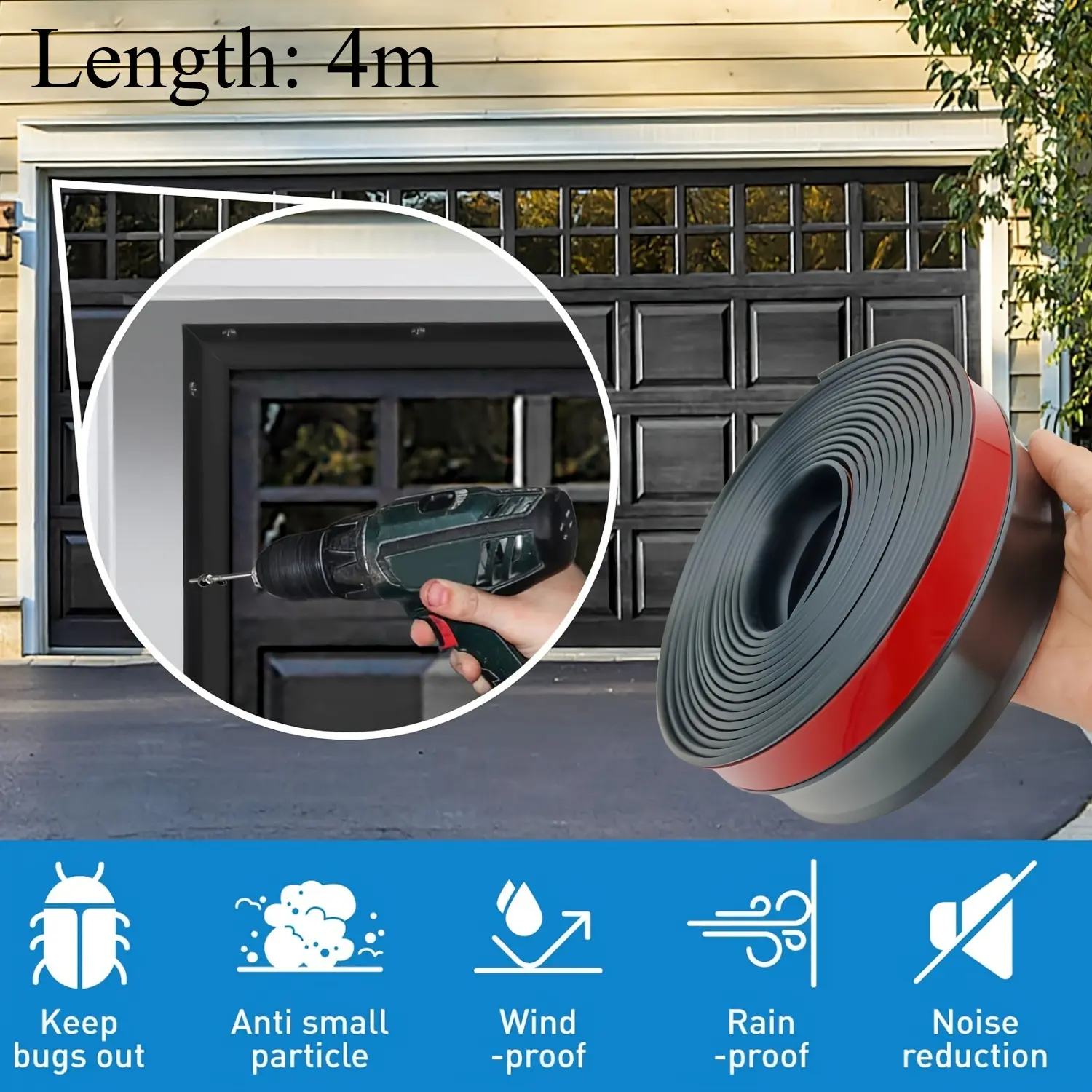 4-Meter Heavy-Duty Garage Door Weather Seal - Windproof, Dustproof & Barrier - Noise Reduction & Debris Protection - Fit for Top & Side Door Sealing - Practical Garage Door Seal Accessory for Enhanced Weather Protection & Home Insulation Needs