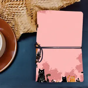 Vintage A6 Daily Life Notebook Thick Yellow Paper Great for Home Task Planning, Daily Errands Lists & Personal Schedules with Pattern on the Cover  Cats, plants, and pink background