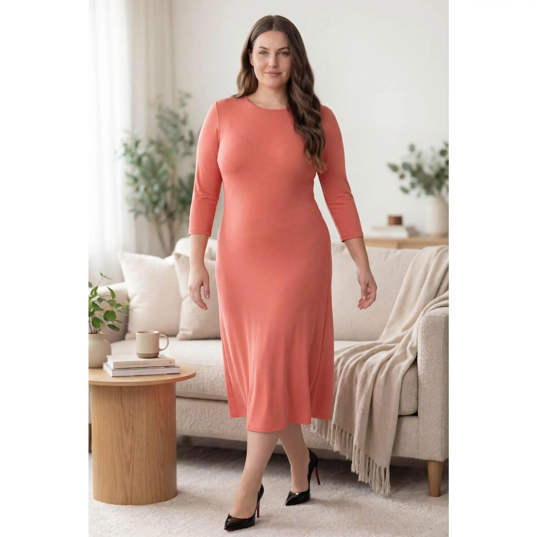 Modest Original Midi Layering Dress in Salmon