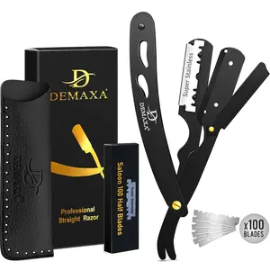100 Straight Razor Blades with DEMAXA Shavette Straight Razors for Men - Navajas Para Barbero Professional Barber Razor Blade for Close Shaving with soft Pouch - Straight Edge Razors for men