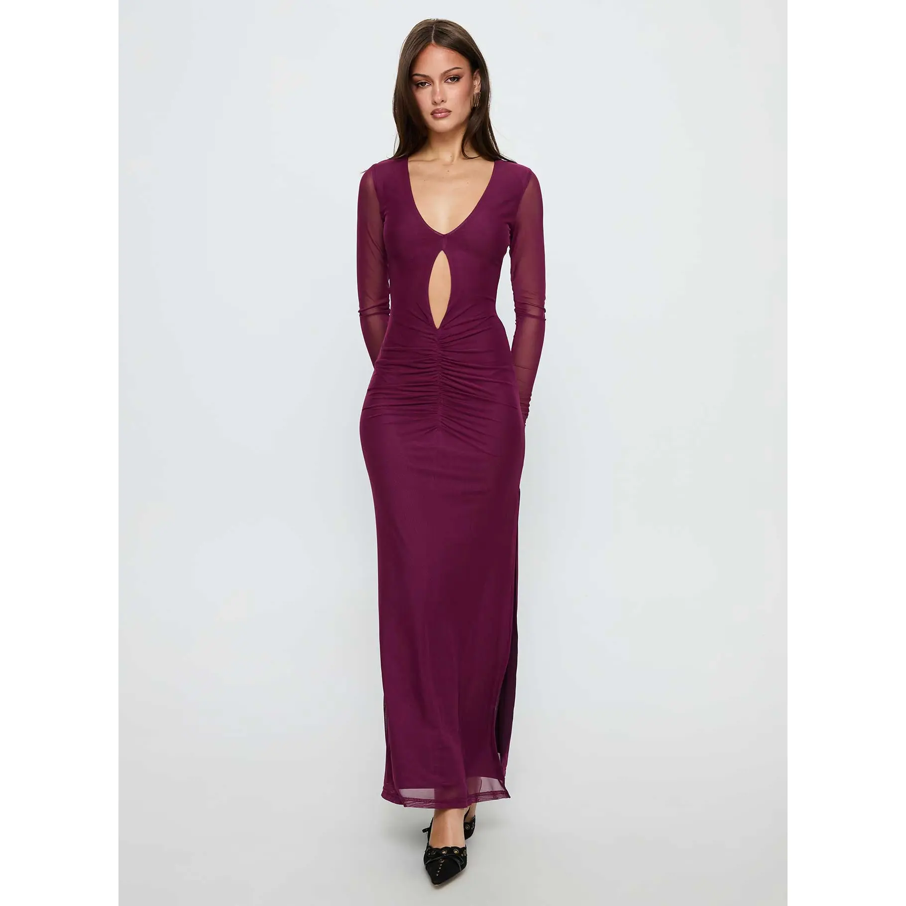 Darkside Long Sleeve Cut Out Plunge Maxi Dress Plum - TikTok Shop