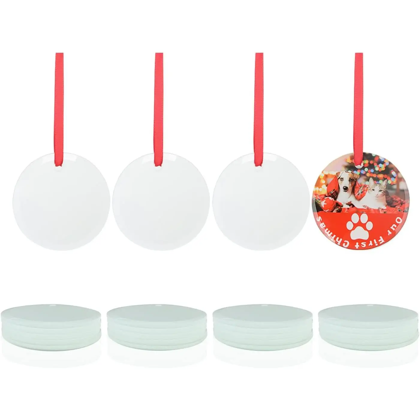 PYD Life 24 PCS Sublimation Ornament Blanks Glass 3 Inch Round Ornament with Red Ribbon for DIY Crafting Personalized Home Christmas Decor Bulk